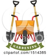 Poster, Art Print Of Yellow Wheelbarrow Spade And Shovel Over A Gardening Banner
