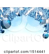 Clipart Of A Christmas Background With Snow And Blue Branches With Suspended Ornaments Royalty Free Vector Illustration