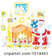 Poster, Art Print Of Christmas Santa Claus Holding A Sack By A Fireplace
