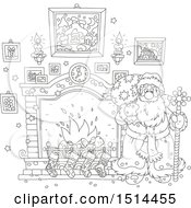 Clipart Of A Black And White Christmas Santa Holding A Sceptre By A Fireplace Royalty Free Vector Illustration