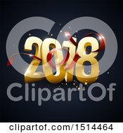 Poster, Art Print Of 3d Golden New Year 2018 Design With A Red Ribbon And Sparkles On Dark Blue