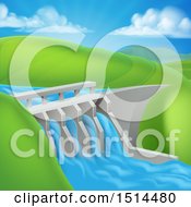 Clipart Of A Green Energy Hydroelectric Dam In A Hilly Landscape Royalty Free Vector Illustration