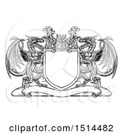 Poster, Art Print Of Black And White Shield Crest With Dragons And A Knights Helmet