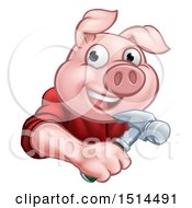 Happy Pig Mascot Carpenter Holding A Hammer