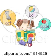 Girl Reading A Picture Dictionary Book With A Cat Ball And Apple