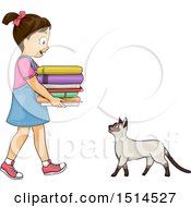 Poster, Art Print Of Cat Welcoming A Girl Carrying A Stack Of Books