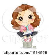 Clipart Of A Brunette Girl Writing And Sitting On A Stack Of Papers Royalty Free Vector Illustration