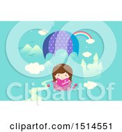 Clipart Of A Girl Reading A Book In A Hot Air Balloon With A Rainbow And Castle Royalty Free Vector Illustration by BNP Design Studio
