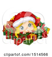 Blond Christmas Girl In A Santa Suit Surrounded By Presents