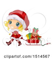 Blond Christmas Girl In A Santa Suit Pulling A Sleigh Of Presents