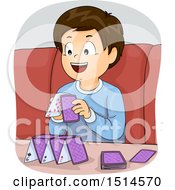 Poster, Art Print Of Happy Brunette Boy Building A Tower With Playing Cards