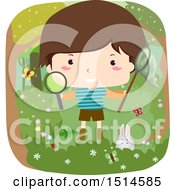 Poster, Art Print Of Happy Boy Holding A Magnifying Glass And Bug Net In The Woods