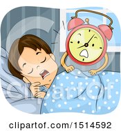 Poster, Art Print Of Brunette Boy Being Woken Up By An Alarm Clock Mascot