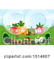 Clipart Of A Group Of Children Racing Vegetable Cars And A Bicycle In A Garden Town Royalty Free Vector Illustration by BNP Design Studio