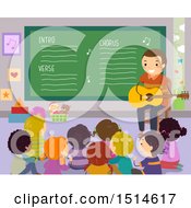Clipart Of A Teacher Playing A Guitar To Students In Class Royalty Free Vector Illustration by BNP Design Studio