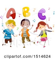 Poster, Art Print Of Group Of Children Dancing With Music Notes And Abc Letters