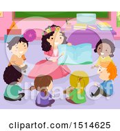 Poster, Art Print Of Group Of Children Sitting Around A Female Teacher Reading In A Fairy Costume