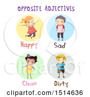 Poster, Art Print Of Group Of Children Showing Opposite Adjectives Happy Sad Clean And Dirty