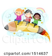 Clipart Of A Group Of Children Riding A Pencil Rocket Royalty Free Vector Illustration