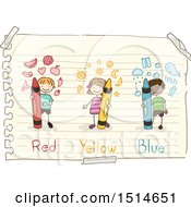 Clipart Of A Sketched Group Of Children With Red Yellow And Blue Crayons On Note Paper Royalty Free Vector Illustration