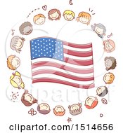 Clipart Of A Sketched Circle Of Child Faces Around An American Flag Royalty Free Vector Illustration