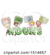 Poster, Art Print Of Sketched Group Of Children Holding Up Pictures Of Nouns