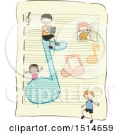 Poster, Art Print Of Sketched Group Of Children With Music Notes On A Ruled Sheet Of Paper