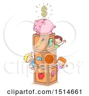 Poster, Art Print Of Clipart Of A  Sketched Group Of Children With Toy Blocks And A Piggy Bank Royalty Free Vector Illustration