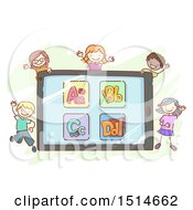 Poster, Art Print Of Sketched Group Of Children Around A Tablet With Alphabet Letters