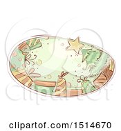 Poster, Art Print Of Sketched Oval With A Christmas Tree And Presents