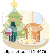 Poster, Art Print Of Christmas Panettone Bread With Wine And A Tree