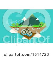 Clipart Of A Green Energy Floating Island With Gears And Wind Turbines Royalty Free Vector Illustration by BNP Design Studio