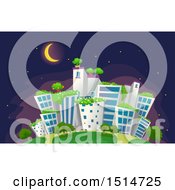 Clipart Of A Green City With Rooftop Gardens At Night Royalty Free Vector Illustration