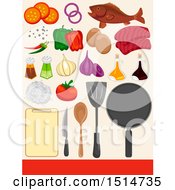 Clipart Of A Cutting Board Utensils Pan And Ingredients Royalty Free Vector Illustration by BNP Design Studio