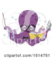 Poster, Art Print Of Purple Octopus Teacher Holding A Pointer Stick Card Book Flask And Microscope