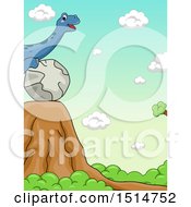 Poster, Art Print Of Brontosaurus Dinosaur Rolling A Ball Towards A Cliff Demonstrating Potential Energy