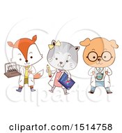 Clipart Of A Student Fox Cat And Dog With A Newtons Cradle Book And Timer Royalty Free Vector Illustration