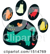 Poster, Art Print Of Paw Print With Silhouetted Colorful Cats