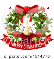 Clipart Of A Merry Christmas Greeting With A Wreath Royalty Free Vector Illustration