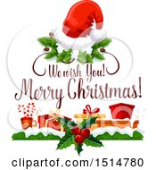 Clipart Of A We Wish You A Merry Christmas Greeting With Gifts And A Santa Hat Royalty Free Vector Illustration