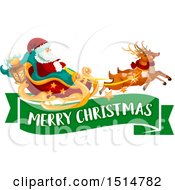 Clipart Of A Merry Christmas Greeting With Santa And Reindeer Flying A Sleigh Royalty Free Vector Illustration