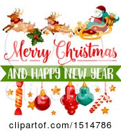 Poster, Art Print Of Merry Christmas And Happy New Year Greeting With Santa And Reindeer Flying A Sleigh