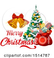 Clipart Of A Merry Christmas Greeting With Bells A Sack And Tree Royalty Free Vector Illustration