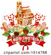 Poster, Art Print Of Merry Christmas Greeting With A Gingerbread House And Men