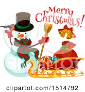 Clipart Of A Merry Christmas Greeting With A Snowman Royalty Free Vector Illustration
