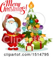 Clipart Of A Merry Christmas Greeting With Santa By A Tree Royalty Free Vector Illustration