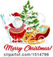 Poster, Art Print Of Merry Christmas Greeting With Santa By A Sleigh And Tree