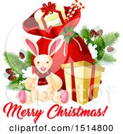 Clipart Of A Merry Christmas Greeting With A Rabbit And Sack Royalty Free Vector Illustration