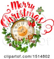 Clipart Of A Merry Christmas Greeting With A Clock Royalty Free Vector Illustration