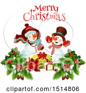 Clipart Of A Merry Christmas Greeting With A Snowman Royalty Free Vector Illustration